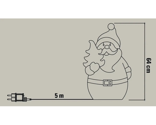 Umrisszeichnung einer Weihnachtsmann-Figur mit Tannenbaum, Höhe 64 Zentimeter, Zuleitungskabel 5 Meter mit Stecker.