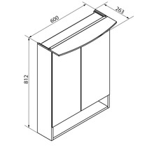 Maßzeichnung Badezimmerschrank mit zwei Türen, Fach, Breite 600 Millimeter, Höhe 812 Millimeter, Tiefe 263 Millimeter.
