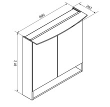 Maßzeichnung Spiegelschrank mit 2 Türen und offenem Fach, Breite 800 Millimeter, Höhe 812 Millimeter, Tiefe 263 Millimeter.