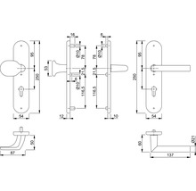 Technische Zeichnung einer Langschild-Garnitur mit Türknopf und Türdrücker, inklusive detaillierter Maßangaben in Millimeter.