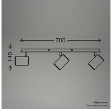 Maßzeichnung eines 3-flammigen Deckenstrahlers, Breite 700 Millimeter, Höhe 140 Millimeter.