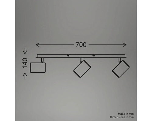 Maßzeichnung eines 3-flammigen Deckenstrahlers, Breite 700 Millimeter, Höhe 140 Millimeter.