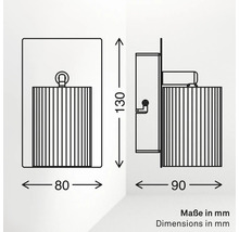 Technische Zeichnung einer Leuchte mit Maßen in Millimeter: Breite 80, Höhe 130, Tiefe 90.
