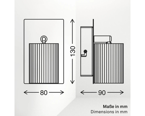 Technische Zeichnung einer Leuchte mit Maßen in Millimeter: Breite 80, Höhe 130, Tiefe 90.