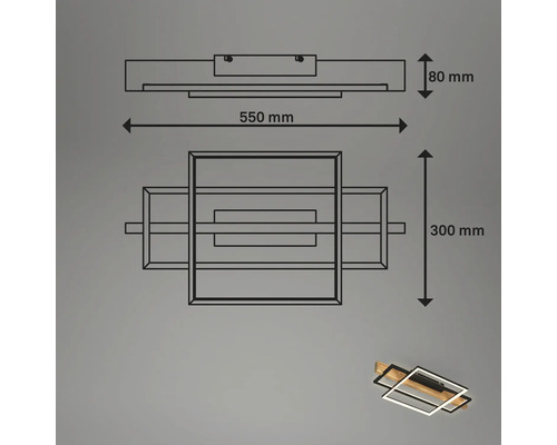 Maße der LED-Deckenleuchte: Breite 550 Millimeter, Tiefe 300 Millimeter, Höhe 80 Millimeter.