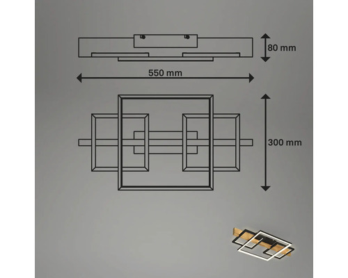 Maßzeichnung einer LED-Deckenleuchte mit den Abmessungen 550 Millimeter Breite, 300 Millimeter Tiefe und 80 Millimeter Höhe.