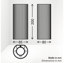 Maßzeichnung einer Wandleuchte mit Höhe 200 Millimeter, Breite 85 Millimeter und 80 Millimeter sowie technischer Querschnittsansicht.