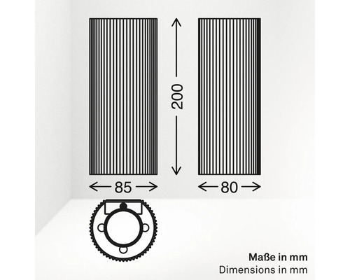 Maßzeichnung einer Wandleuchte mit Höhe 200 Millimeter, Breite 85 Millimeter und 80 Millimeter sowie technischer Querschnittsansicht.
