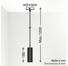 Maßzeichnung einer Pendelleuchte: Durchmesser Baldachin 100 Millimeter, maximale Gesamthöhe 1200 Millimeter, Schirmhöhe 180 Millimeter.