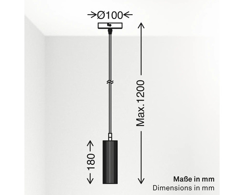 Maßzeichnung einer Pendelleuchte: Durchmesser Baldachin 100 Millimeter, maximale Gesamthöhe 1200 Millimeter, Schirmhöhe 180 Millimeter.