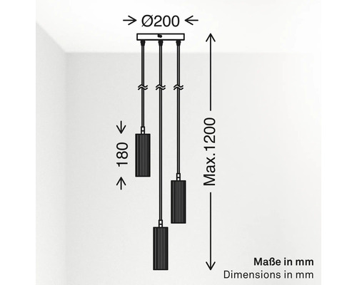 Maßzeichnung einer dreiflammigen Pendelleuchte: Durchmesser 200 Millimeter, Schirmhöhe 180 Millimeter, maximale Gesamthöhe 1200 Millimeter.