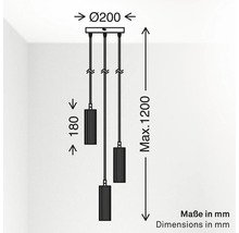 Maßzeichnung einer dreiflammigen Pendelleuchte: Durchmesser 200 Millimeter, Schirmhöhe 180 Millimeter, maximale Gesamthöhe 1200 Millimeter.