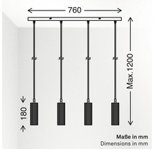 Maßzeichnung einer 4-flammigen Pendelleuchte in Millimeter: Breite 760 Millimeter, maximale Höhe 1200 Millimeter, Schirmhöhe 180 Millimeter.