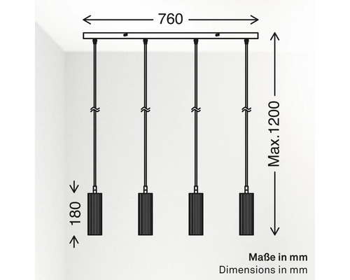 Maßzeichnung einer 4-flammigen Pendelleuchte in Millimeter: Breite 760 Millimeter, maximale Höhe 1200 Millimeter, Schirmhöhe 180 Millimeter.