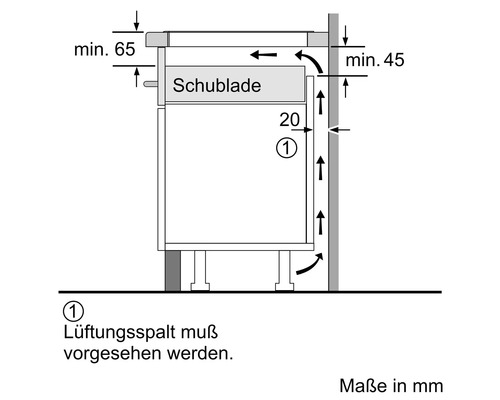 Technische Zeichnung für den Einbau eines Kochfelds mit Belüftungshinweisen über einer Schublade, Maße in Millimeter.