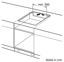 Maßzeichnung für den Einbau eines Kochfeldes in eine Arbeitsplatte, Mindestmaß 550 Millimeter, Maße in Millimeter.
