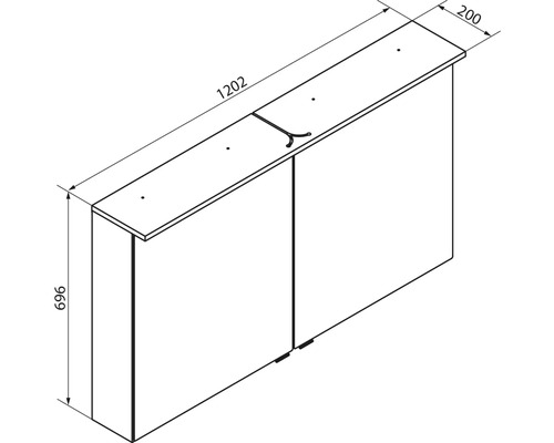 Maßzeichnung Spiegelschrank, zwei Türen, Breite 1202 Millimeter, Höhe 696 Millimeter, Tiefe 200 Millimeter.