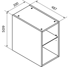 Maßzeichnung eines Schranks mit den Maßen 300 Millimeter Breite, 487 Millimeter Tiefe und 509 Millimeter Höhe.