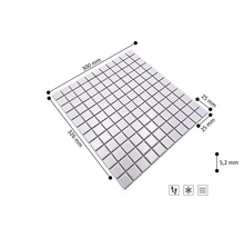 Mosaikmatte, 300 mal 326 Millimeter, Steingröße 25 mal 25 Millimeter, Stärke 5,2 Millimeter, frostsicher, trittfest, nassbereichgeeignet.