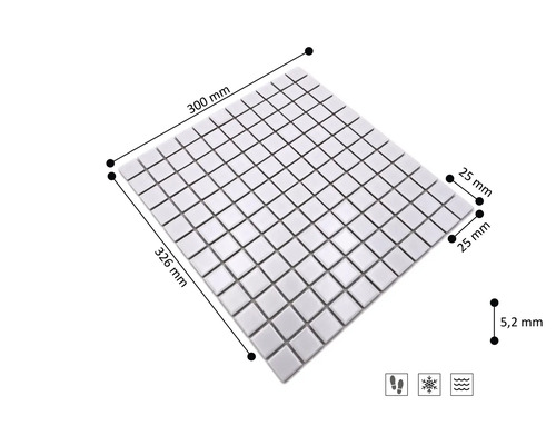 Mosaikmatte, 300 mal 326 Millimeter, Steingröße 25 mal 25 Millimeter, Stärke 5,2 Millimeter, frostsicher, trittfest, nassbereichgeeignet.