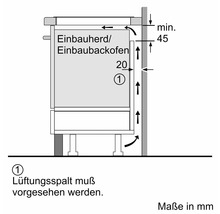 Technische Zeichnung zur Belüftung eines Einbauherds mit Maßen in Millimeter, mindestens 45 Millimeter Abstand und Lüftungsschlitz.