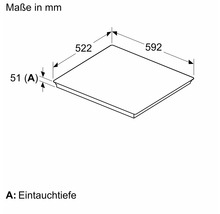 Maßzeichnung Kochfeld: Breite 592 Millimeter, Tiefe 522 Millimeter, Eintauchtiefe 51 Millimeter.