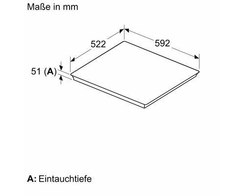 Maßzeichnung Kochfeld: Breite 592 Millimeter, Tiefe 522 Millimeter, Eintauchtiefe 51 Millimeter.