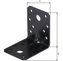 Schwarzer Winkelverbinder aus Metall mit Verstärkungssicke, mehreren Befestigungslöchern und Maßangaben für Breite und Höhe.