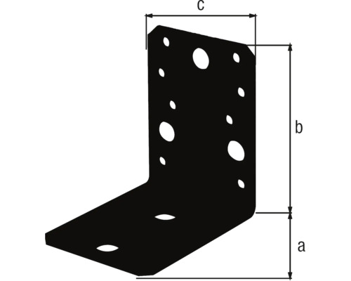 Winkelverbinder mit Maßangaben a, b und c sowie verschiedenen Bohrungen.