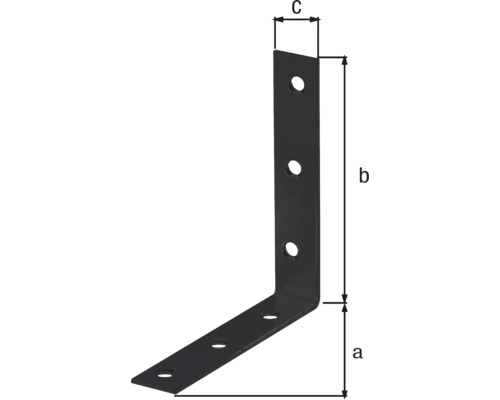 Schwarzer Winkelverbinder aus Metall mit Maßangaben für die Länge der Schenkel und die Breite.