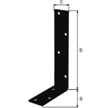 Winkelverbinder in L-Form mit Maßen für die Schenkellängen a und b sowie die Breite c mit vorgebohrten Löchern.