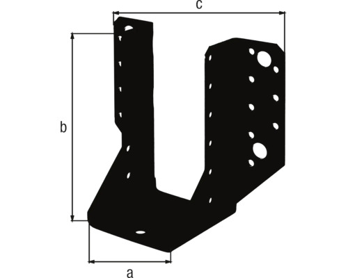 Balkenschuh mit Maßangaben für die Breite a, die Höhe b und die Gesamtbreite c.