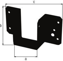 Balkenschuh aus Metall mit Maßangaben a, b und c für Breite und Höhe sowie vorgebohrten Löchern.