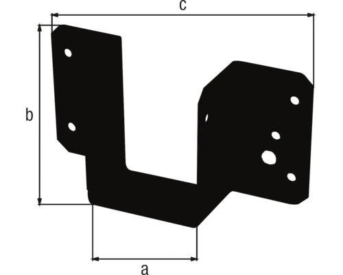Balkenschuh aus Metall mit Maßangaben a, b und c für Breite und Höhe sowie vorgebohrten Löchern.