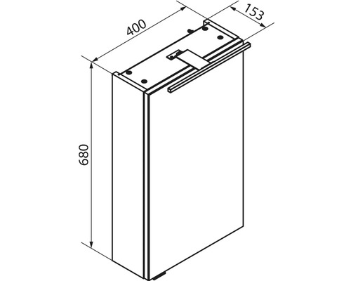 Maßzeichnung Badezimmerschrank, Breite 400 Millimeter, Höhe 680 Millimeter, Tiefe 153 Millimeter.