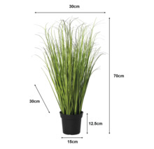 Künstliches Gras im schwarzen Topf mit Maßen: Gesamthöhe 70 Zentimeter, Breite 30 Zentimeter, Tiefe 30 Zentimeter, Topfhöhe 12,5 Zentimeter.
