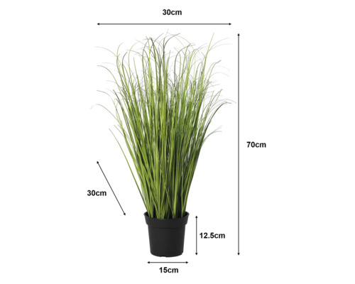 Künstliches Gras im schwarzen Topf mit Maßen: Gesamthöhe 70 Zentimeter, Breite 30 Zentimeter, Tiefe 30 Zentimeter, Topfhöhe 12,5 Zentimeter.