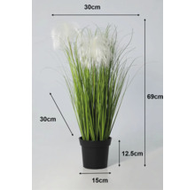 Künstliches Gras im schwarzen Topf mit Maßen: Gesamthöhe 69 Zentimeter, Breite 30 Zentimeter, Topfdurchmesser 15 Zentimeter.
