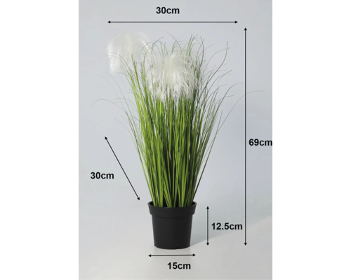 Künstliches Gras im schwarzen Topf mit Maßen: Gesamthöhe 69 Zentimeter, Breite 30 Zentimeter, Topfdurchmesser 15 Zentimeter.