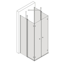 Eckdusche aus Glas mit Stabilisierungsstangen in einer technischen Zeichnung