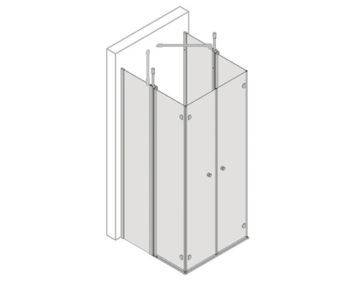 Eckdusche aus Glas mit Stabilisierungsstangen in einer technischen Zeichnung