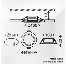 Maßzeichnung eines Einbaustrahlers mit Einbaumaßen in Millimeter inklusive Einbaudurchmesser und Einbautiefe.