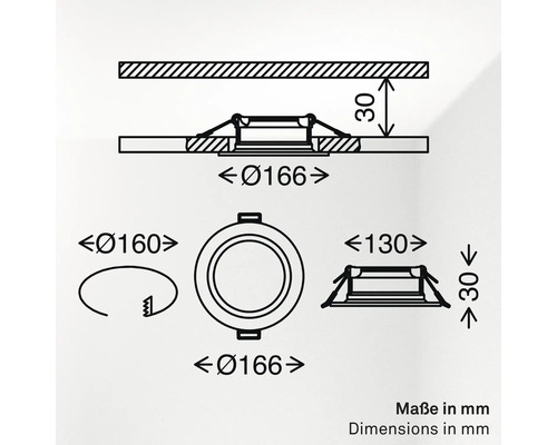 Maßzeichnung eines Einbaustrahlers mit Einbaumaßen in Millimeter inklusive Einbaudurchmesser und Einbautiefe.