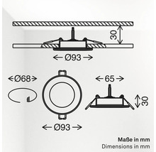 Technische Zeichnung eines runden LED Einbaustrahlers mit Maßangaben in Millimeter für den Deckeneinbau.