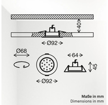 Maßzeichnung eines Einbaustrahlers mit Einbaudurchmesser 68 Millimeter und Außendurchmesser 92 Millimeter sowie Einbautiefe 45 Millimeter.
