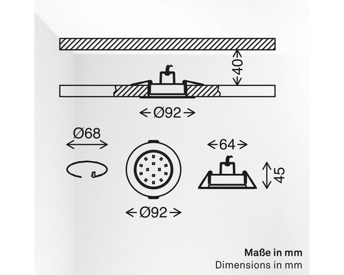 Maßzeichnung eines Einbaustrahlers mit Einbaudurchmesser 68 Millimeter und Außendurchmesser 92 Millimeter sowie Einbautiefe 45 Millimeter.
