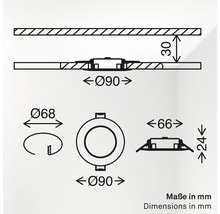 Technische Zeichnung mit Einbaumaßen für einen Einbaustrahler mit 90 Millimeter Durchmesser und 68 Millimeter Lochausschnitt.