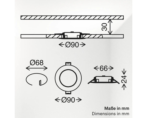 Technische Zeichnung mit Einbaumaßen für einen Einbaustrahler mit 90 Millimeter Durchmesser und 68 Millimeter Lochausschnitt.