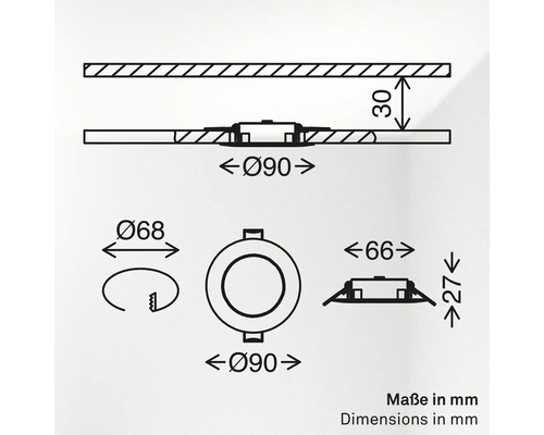 Technische Zeichnung mit Einbaumaßen für einen runden LED Einbaustrahler, Maße in Millimeter angegeben.