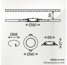Technische Zeichnung mit Einbaumaßen für einen runden LED Einbaustrahler, Maße in Millimeter angegeben.
